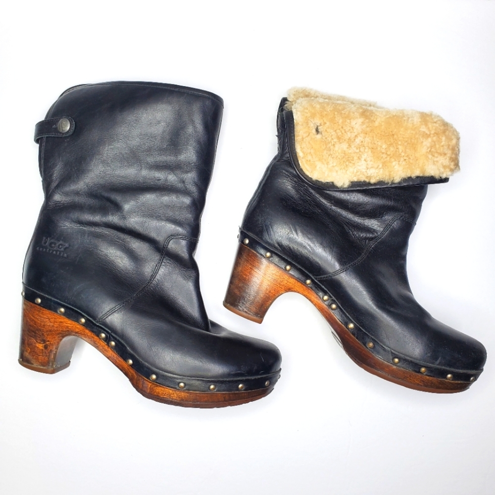 UGG "Lynnea" Black Leather Boots with Wood Heel Size 7 see description